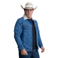 Jaqueta Masculina Texas Farm Jeans Youth Azul Com Pelo Na Gola E Bordado Ref. JQ006
