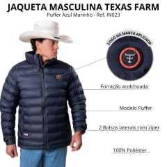 Jaqueta Masculina Texas Farm Puffer Rime Azul Marinho Logo Aplicado Ref: IN023