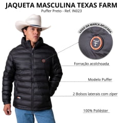 Jaqueta Masculina Texas Farm Puffer Rime Preto Logo Aplicado Ref: IN023