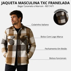 Jaqueta Masculina TXC Flanelada Xadrez Caramelo E Marrom - REF:7471