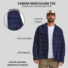 Jaqueta Masculina TXC Overshirt Sarja Xadrez Azul Marinho Com Logo Bordada Azul No Bolso Ref:7378