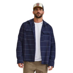 Jaqueta Masculina TXC Overshirt Sarja Xadrez Azul Marinho Com Logo Bordada Azul No Bolso Ref:7378