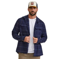 Jaqueta Masculina TXC Overshirt Sarja Xadrez Azul Marinho Com Logo Bordada Azul No Bolso Ref:7378