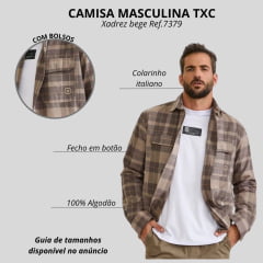 Jaqueta Masculina TXC Overshirt Sarja Xadrez Cinza E Bege Com Logo Bege No Bolso Ref:7379