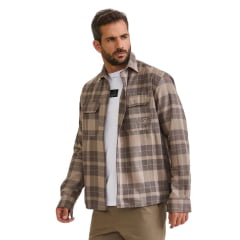 Jaqueta Masculina TXC Overshirt Sarja Xadrez Cinza E Bege Com Logo Bege No Bolso Ref:7379