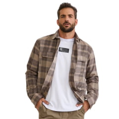 Jaqueta Masculina TXC Overshirt Sarja Xadrez Cinza E Bege Com Logo Bege No Bolso Ref:7379