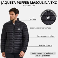 Jaqueta Masculina TXC Puffer Preto Com Logo Aplicado Branco e Saquinho Para Guardar Ref: 7393