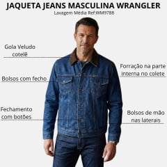 Jaqueta Masculina Wrangler Jeans Com Forro Flanela Lavagem Média Ref. WM9788