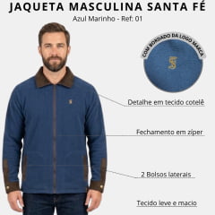 Jaqueta Masculina Santa Fé Soft Azul Marinho Zíper Detalhes Marrom Veludo Ref:01
