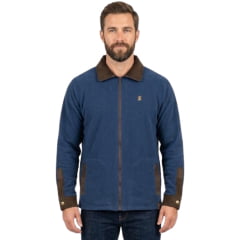 Jaqueta Masculina Santa Fé Soft Azul Marinho Zíper Detalhes Marrom Veludo Ref:01 Jaqueta Masculina Santa Fé Soft Azul Marinho Zíper Detalhes Marrom Veludo Ref:01