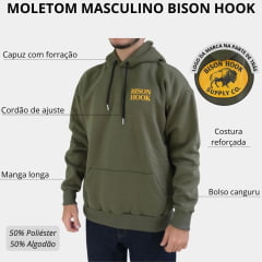 Moletom Masculino Bison Hook Capuz Modelo Canguru Verde Militar Logo Amarelo Estampado Frente e Costas