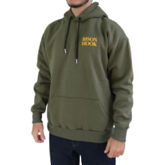 Moletom Masculino Bison Hook Capuz Modelo Canguru Verde Militar Logo Amarelo Estampado Frente e Costas