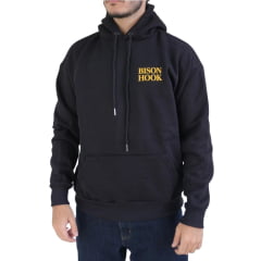 Moletom Masculino Bison Hook Capuz Modelo Canguru Preto Logo Amarelo e Preto Estampado Frente e Costas