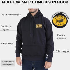 Moletom Masculino Bison Hook Capuz Modelo Canguru Preto Logo Amarelo e Preto Estampado Frente e Costas