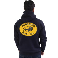 Moletom Masculino Bison Hook Capuz Modelo Canguru Preto Logo Amarelo e Preto Estampado Frente e Costas