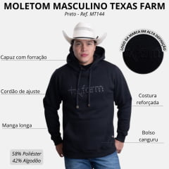 Moletom Masculino Texas Farm Com Capuz Modelo Canguru Preto Com Logo Bordado EUA Em Preto Ref:MT144
