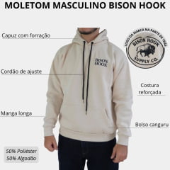 Moletom Masculino Bison Hook Capuz Modelo Canguru Creme Logo Preto Estampado Frente e Costas