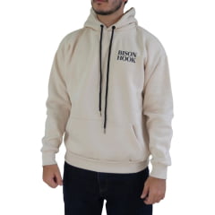 Moletom Masculino Bison Hook Capuz Modelo Canguru Creme Logo Preto Estampado Frente e Costas