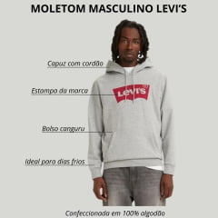 Moletom Masculino Levi's Cinza Mescla Bolso Canguru Com Capuz e Logo Vermelho - Ref. LB0040036