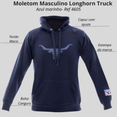 Moletom Masculino Longhorn Truck Manga Longa Modelo Canguru Azul marinho C/ Logo Grande Bordado Azul Ref: 4605