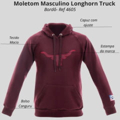 Moletom Masculino Longhorn Truck Manga Longa Modelo Canguru Bordô C/ Logo Grande Bordado Vermelho Ref: 4605