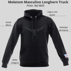 Moletom Masculino Longhorn Truck Manga Longa Modelo Canguru Preto C/ Logo Grande Bordado Preto Ref: 4605