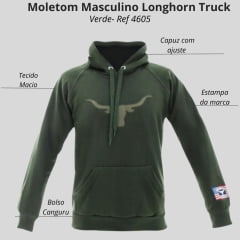 Moletom Masculino Longhorn Truck Manga Longa Modelo Canguru  Verde Escuro C/ Logo Grande Bordado Vermelho Ref: 4605