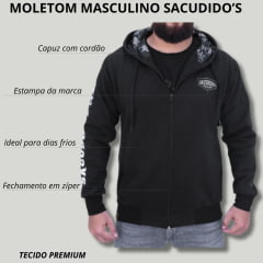 Moletom Masculino Preto Com Zíper, Capuz e Cordão de Ajuste - Ref. ZIPER-01