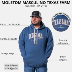Moletom Masculino Texas Farm Alliance Com Capuz Modelo Canguru Azul Intense Estampa Off White e Bege Ref:MT139