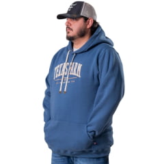 Moletom Masculino Texas Farm Alliance Com Capuz Modelo Canguru Azul Intense Estampa Off White e Bege Ref:MT139