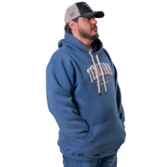 Moletom Masculino Texas Farm Alliance Com Capuz Modelo Canguru Azul Intense Estampa Off White e Bege Ref:MT139