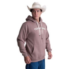 Moletom Masculino Texas Farm Alliance Com Capuz Modelo Canguru Marrom Logo Branco Ref:MT137