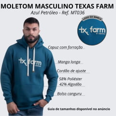Moletom Masculino Texas Farm Bolso Canguru Com Capuz Azul Petróleo Logo Off White Ref:MT036