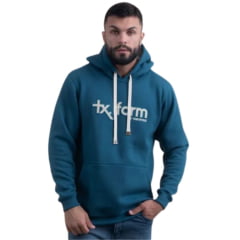 Moletom Masculino Texas Farm Bolso Canguru Com Capuz Azul Petróleo Logo Off White Ref:MT036