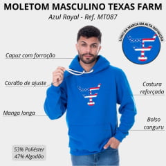 Moletom Masculino Texas Farm Canguru Azul Royal Logo Bandeira USA R: MT087