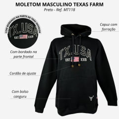 Moletom Masculino Texas Farm Canguru Preto Logo Tx.USA R: MT118