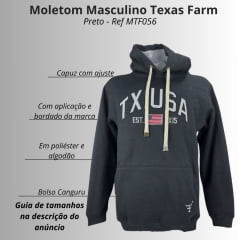 Moletom Masculino Texas Farm Com Capuz Modelo Canguru Preto Com Logo TX USA Ref:MT056
