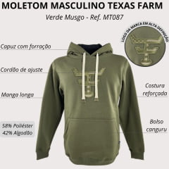 Moletom Masculino Texas Farm com Capuz Modelo Canguru Verde Musgo Ref: MT087