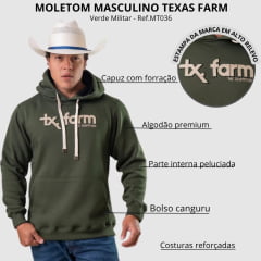Moletom Masculino Texas Farm Modelo Canguru Com Capuz Verde Militar Com Logo Bege Ref:MT036