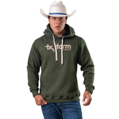 Moletom Masculino Texas Farm Modelo Canguru Com Capuz Verde Militar Com Logo Bege Ref:MT036
