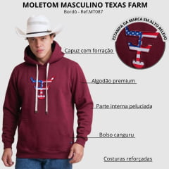 Moletom Masculino Texas Farm Canguru Capuz Vermelho Vinho Logo Fundo Bandeira E.U.A Ref:MT087