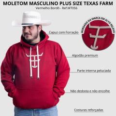 Moletom Masculino Texas Farm Plus Size Bolso Canguru Vermelho Bordô Logo Bege Ref: MT056