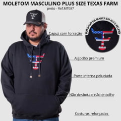 Moletom Masculino Texas Farm Plus Size Modelo Canguru Capuz Preto Logo Bandeira E.U.A - Ref: MT087
