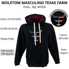 Moletom Masculino Texas Farm Preto Canguru Logo Bandeira USA R: MT087