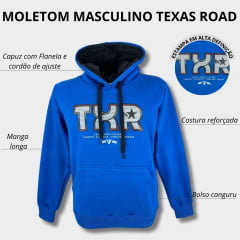 Moletom Masculino Texas Road Modelo Canguru Com Capuz Cor Azul Royal e Preto Com Estampa