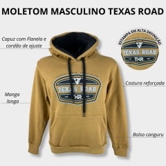 Moletom Masculino Texas Road Modelo Canguru Com Capuz Cor Mostarda e Preto Com Estampa