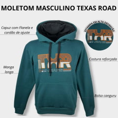 Moletom Masculino Texas Road Modelo Canguru Com Capuz Cor Verde Escuro Com Estampa Laranja