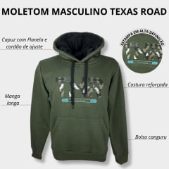 Moletom Masculino Texas Road Modelo Canguru Com Capuz Cor Verde Militar Com Estampa