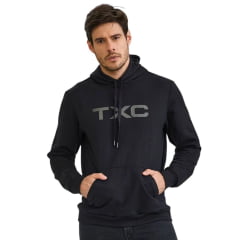 Moletom Masculino TXC Com Capuz Modelo Canguru  Preto Com Aplique De Couro Preto Ref:3472
