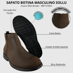 Botina Masculina Sollu Couro Óleo Brown Zíper Solado Preto Max Gel - REF:13182C